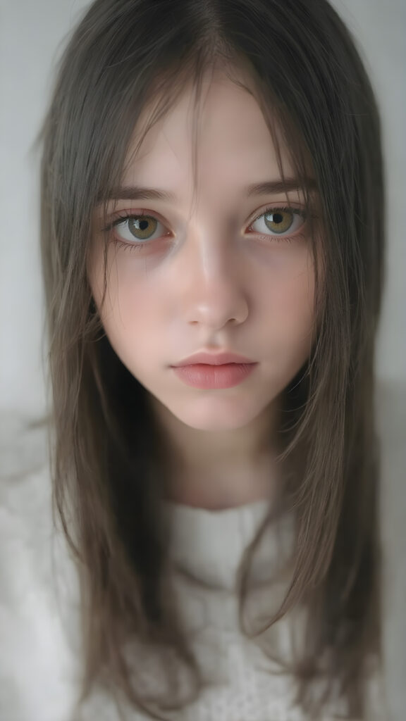 a perfect portrait from a (((detailed cute teen emo girl with shoulder-length, soft obsidian black straight hair, framing her face in side-swept bangs, bob cut, brown eyes, exuding a sense of melancholy and loneliness, round face and full lips, ((white tight wool sweater)) which perfectly shaped her body, against a (((simple, grey backdrop)))