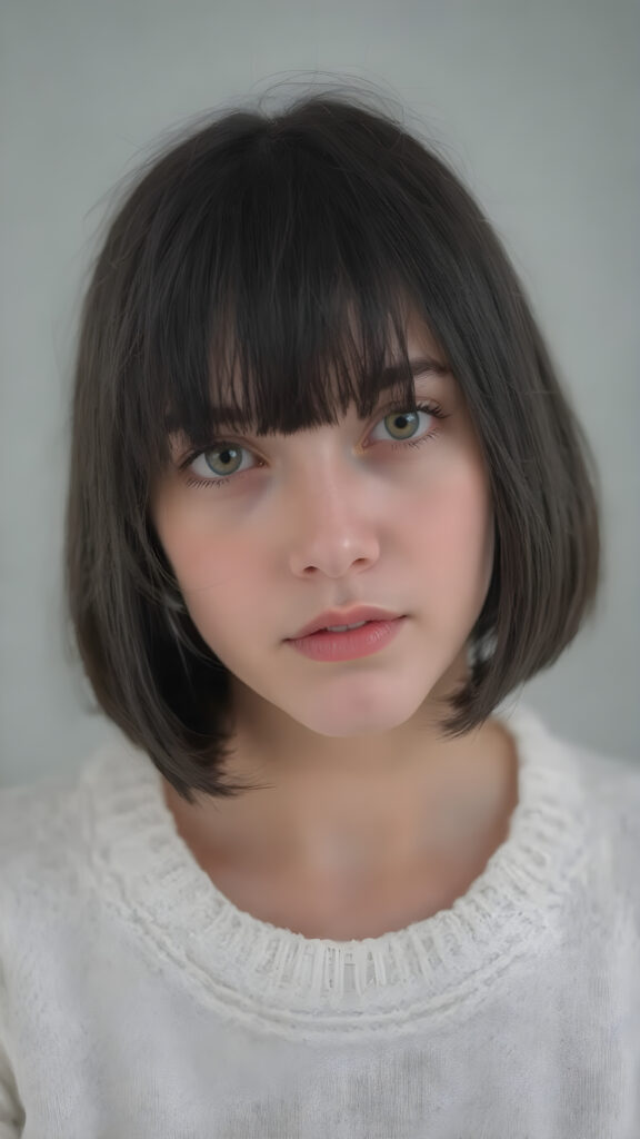 a perfect portrait from a (((detailed cute teen emo girl with shoulder-length, soft obsidian black straight hair, framing her face in side-swept bangs, bob cut, brown eyes, exuding a sense of melancholy, loneliness and sadness, round face and full lips, ((white tight wool sweater)) which perfectly shaped her body, against a (((simple, grey backdrop)))
