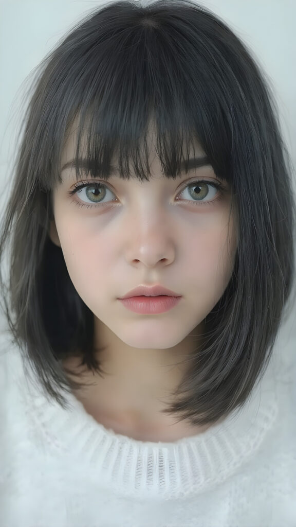 a perfect portrait from a (((detailed cute teen emo girl with shoulder-length, soft obsidian black straight hair, framing her face in side-swept bangs, bob cut, brown eyes, exuding a sense of melancholy and loneliness, round face and full lips, ((white tight wool sweater)) which perfectly shaped her body, against a (((simple, grey backdrop)))