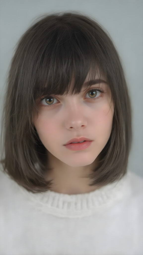 a perfect portrait from a (((detailed cute teen emo girl with shoulder-length, soft obsidian black straight hair, framing her face in side-swept bangs, bob cut, brown eyes, exuding a sense of melancholy, loneliness and sadness, round face and full lips, ((white tight wool sweater)) which perfectly shaped her body, against a (((simple, grey backdrop)))