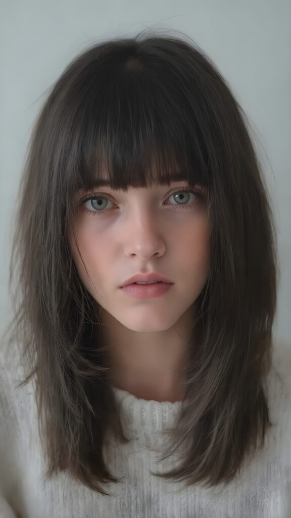 a perfect portrait from a (((detailed cute teen emo girl with shoulder-length, soft obsidian black straight hair, framing her face in side-swept bangs, bob cut, brown eyes, exuding a sense of melancholy, loneliness and sadness, round face and full lips, ((white tight wool sweater)) which perfectly shaped her body, against a (((simple, grey backdrop)))