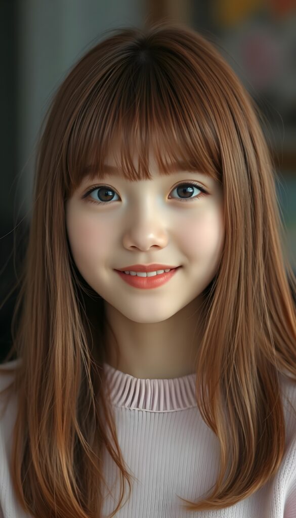 a perfect portrait from a young silver skinned girl with long super straight light red fine hair and red highlights, bangs frame her face, red lips, smiling. Her hair falls down to her upper body. Cute. She wears a light pink plain fine sweater.