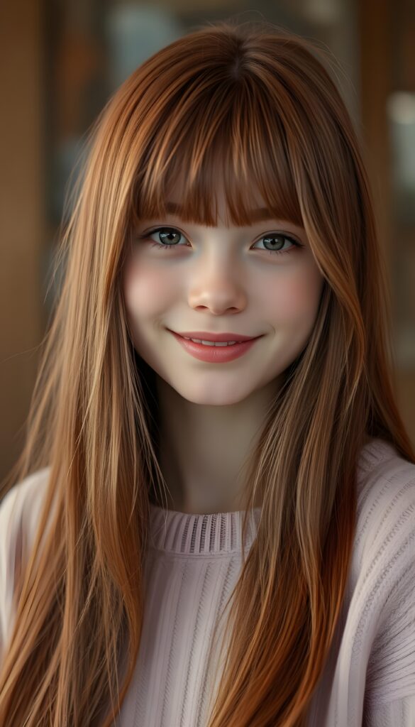 a perfect portrait from a young silver skinned girl with long super straight light red fine hair and red highlights, bangs frame her face, red lips, smiling. Her hair falls down to her upper body. Cute. She wears a light pink plain fine sweater.