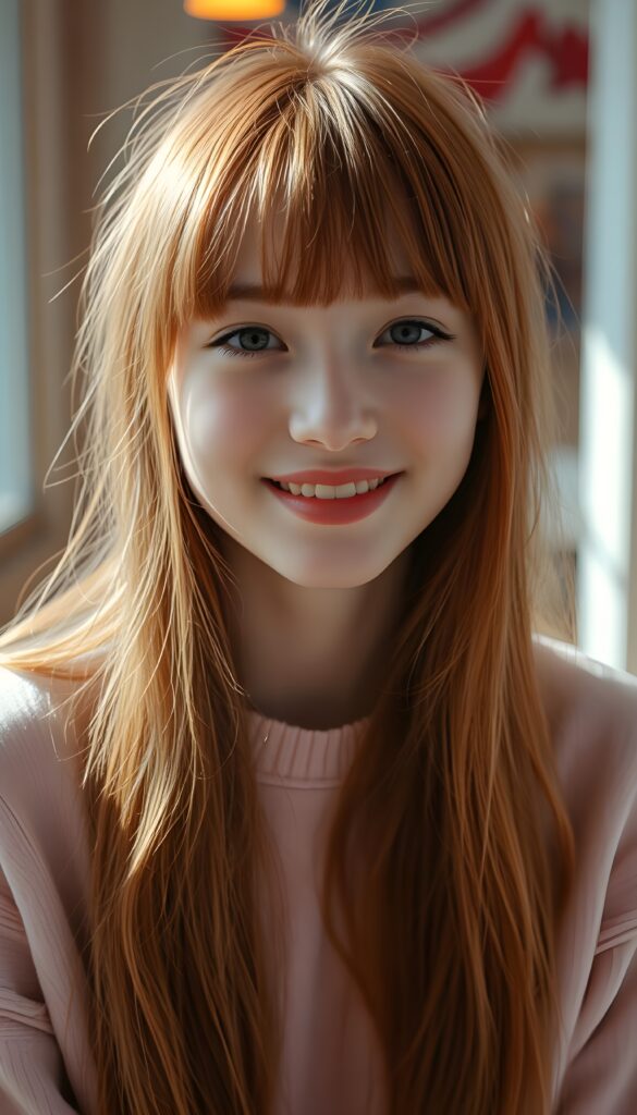 a perfect portrait from a young silver skinned girl with long super straight light red fine hair and red highlights, bangs frame her face, red lips, smiling. Her hair falls down to her upper body. Cute. She wears a light pink plain fine sweater.