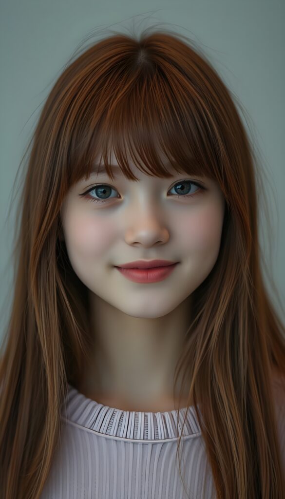 a perfect portrait from a young silver skinned girl with long super straight light red fine hair and red highlights, bangs frame her face, red lips, smiling. Her hair falls down to her upper body. Cute. She wears a light pink plain fine sweater.