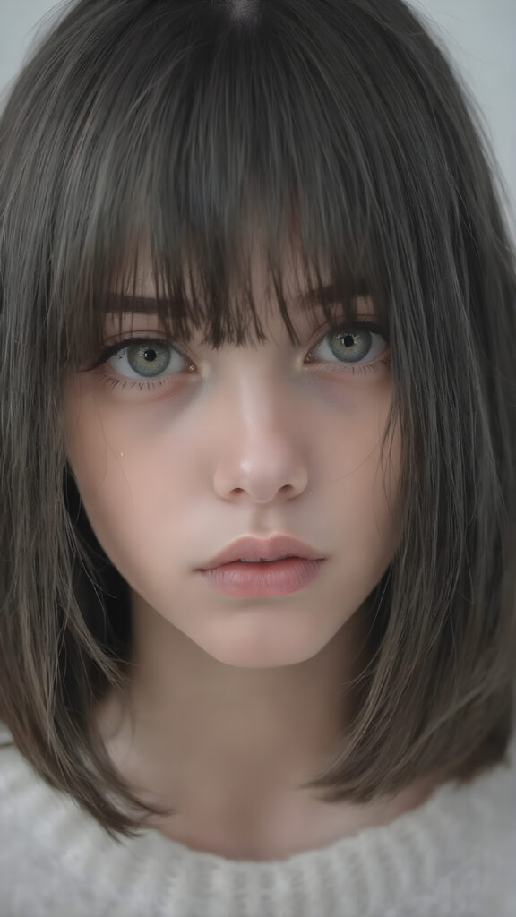 a perfect portrait from a (((detailed cute teen emo girl with shoulder-length, soft obsidian black straight hair, framing her face in side-swept bangs, bob cut, brown eyes, exuding a sense of melancholy and loneliness, round face and full lips, ((white tight wool sweater)) which perfectly shaped her body, against a (((simple, grey backdrop)))