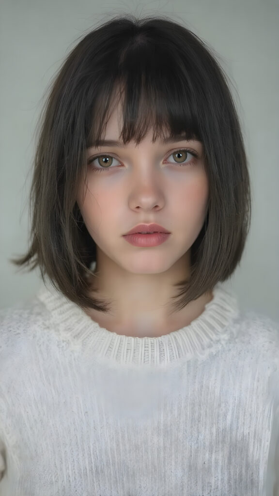 a perfect portrait from a (((detailed cute teen emo girl with shoulder-length, soft obsidian black straight hair, framing her face in side-swept bangs, bob cut, brown eyes, exuding a sense of melancholy, loneliness and sadness, round face and full lips, ((white tight wool sweater)) which perfectly shaped her body, against a (((simple, grey backdrop)))