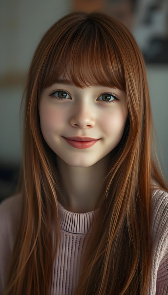 a perfect portrait from a young silver skinned girl with long super straight light red fine hair and red highlights, bangs frame her face, red lips, smiling. Her hair falls down to her upper body. Cute. She wears a light pink plain fine sweater.