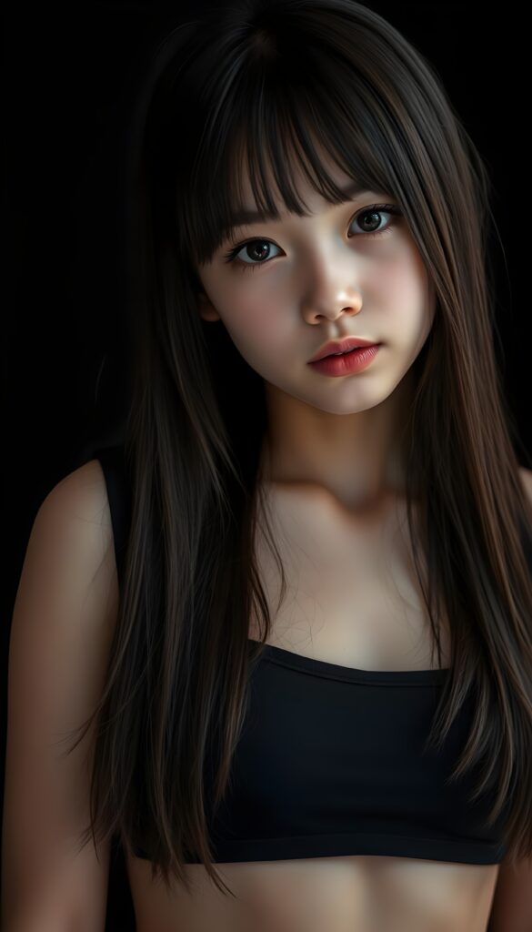 a (((perfectly proportioned, super cute teen girl))), with straight soft very long dark brown hair, (full lips), and (((big eyes))) that exude innocence, paired with a (short cropped tank top) that emphasizes her (perfect skin) and (flawlessly matching eyes). Her figure is so perfectly proportioned that it defies reality, with a (distinctive six-pack on her abs) that perfectly complements her overall aesthetic, (((against a black backdrop))) ((upper body portrait))