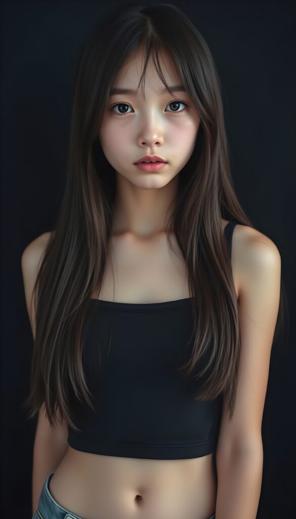 a (((perfectly proportioned, super cute teen girl))), with straight soft very long dark brown hair, (full lips), and (((big eyes))) that exude innocence, paired with a (short cropped tank top) that emphasizes her (perfect skin) and (flawlessly matching eyes). Her figure is so perfectly proportioned that it defies reality, with a (distinctive six-pack on her abs) that perfectly complements her overall aesthetic, (((against a black backdrop))) ((upper body portrait))