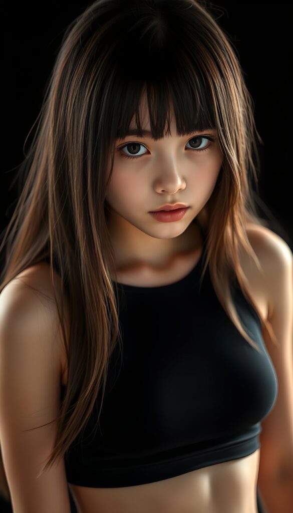 a (((perfectly proportioned, super cute teen girl))), with straight soft very long dark brown hair, (full lips), and (((big eyes))) that exude innocence, paired with a (short cropped tank top) that emphasizes her (perfect skin) and (flawlessly matching eyes). Her figure is so perfectly proportioned that it defies reality, with a (distinctive six-pack on her abs) that perfectly complements her overall aesthetic, (((against a black backdrop))) ((upper body portrait))
