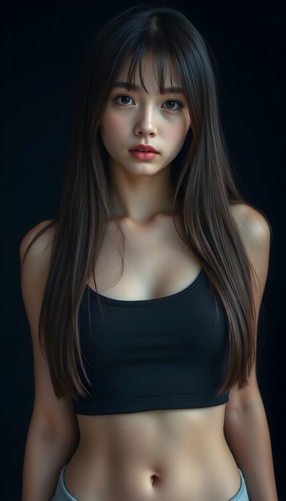 a (((perfectly proportioned, super cute teen girl))), with straight soft very long dark brown hair, (full lips), and (((big eyes))) that exude innocence, paired with a (short cropped tank top) that emphasizes her (perfect skin) and (flawlessly matching eyes). Her figure is so perfectly proportioned that it defies reality, with a (distinctive six-pack on her abs) that perfectly complements her overall aesthetic, (((against a black backdrop))) ((upper body portrait))