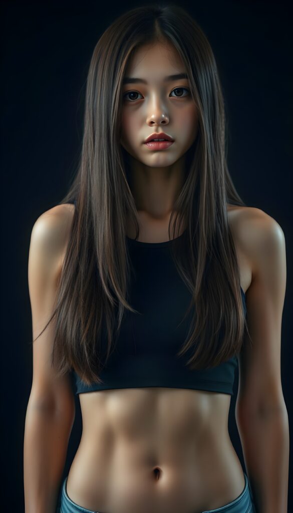 a (((perfectly proportioned, super cute teen girl))), with straight soft very long dark brown hair, (full lips), and (((big eyes))) that exude innocence, paired with a (short cropped tank top) that emphasizes her (perfect skin) and (flawlessly matching eyes). Her figure is so perfectly proportioned that it defies reality, with a (distinctive six-pack on her abs) that perfectly complements her overall aesthetic, (((against a black backdrop))) ((upper body portrait))