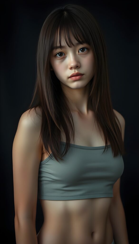 a (((perfectly proportioned, super cute teen girl))), with straight soft very long dark brown hair, (full lips), and (((big eyes))) that exude innocence, paired with a (short cropped tank top) that emphasizes her (perfect skin) and (flawlessly matching eyes). Her figure is so perfectly proportioned that it defies reality, with a (distinctive six-pack on her abs) that perfectly complements her overall aesthetic, (((against a black backdrop))) ((upper body portrait))