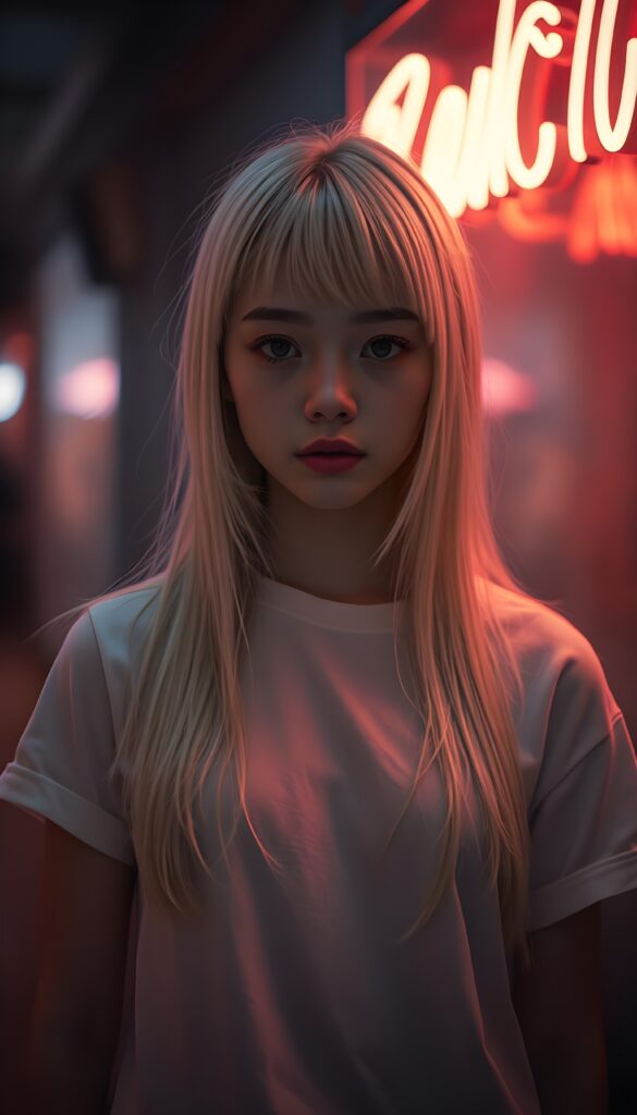 a petite girl with soft, long white jet straight hair, bangs and fair skin stands alone in front of the viewer. She wears a white plain t-shirt that casts a soft shadow over her eyes. The photo is illuminated by the soft glow of muted neon lights, casting long shadows. The scene is bathed in a dreamy, surreal ambiance with a focus on elegance and enchantment. Front view.