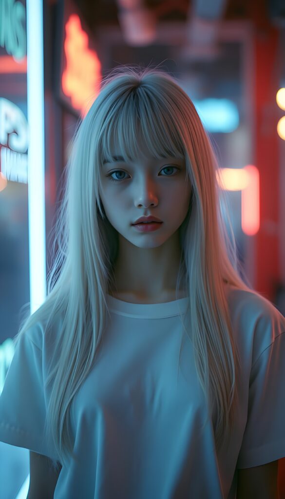 a petite girl with soft, long white jet straight hair, bangs and fair skin stands alone in front of the viewer. She wears a white plain t-shirt that casts a soft shadow over her eyes. The photo is illuminated by the soft glow of muted neon lights, casting long shadows. The scene is bathed in a dreamy, surreal ambiance with a focus on elegance and enchantment. Front view.