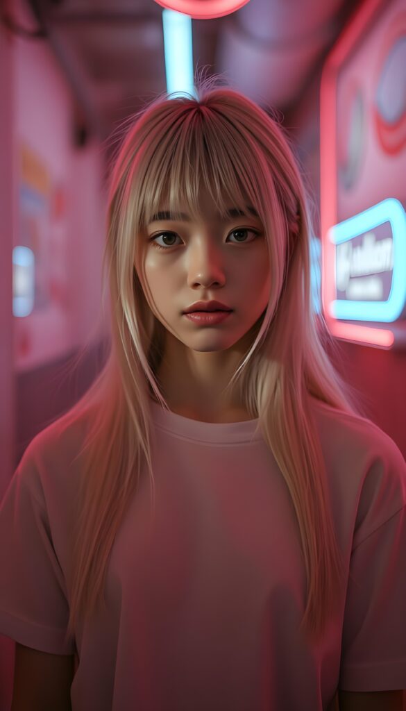 a petite girl with soft, long white jet straight hair, bangs and fair skin stands alone in front of the viewer. She wears a white plain t-shirt that casts a soft shadow over her eyes. The photo is illuminated by the soft glow of muted neon lights, casting long shadows. The scene is bathed in a dreamy, surreal ambiance with a focus on elegance and enchantment. Front view.