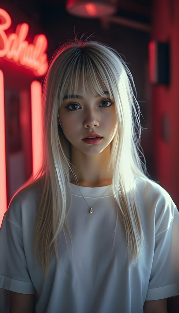 a petite girl with soft, long white jet straight hair, bangs and fair skin stands alone in front of the viewer. She wears a white plain t-shirt that casts a soft shadow over her eyes. The photo is illuminated by the soft glow of muted neon lights, casting long shadows. The scene is bathed in a dreamy, surreal ambiance with a focus on elegance and enchantment. Front view.