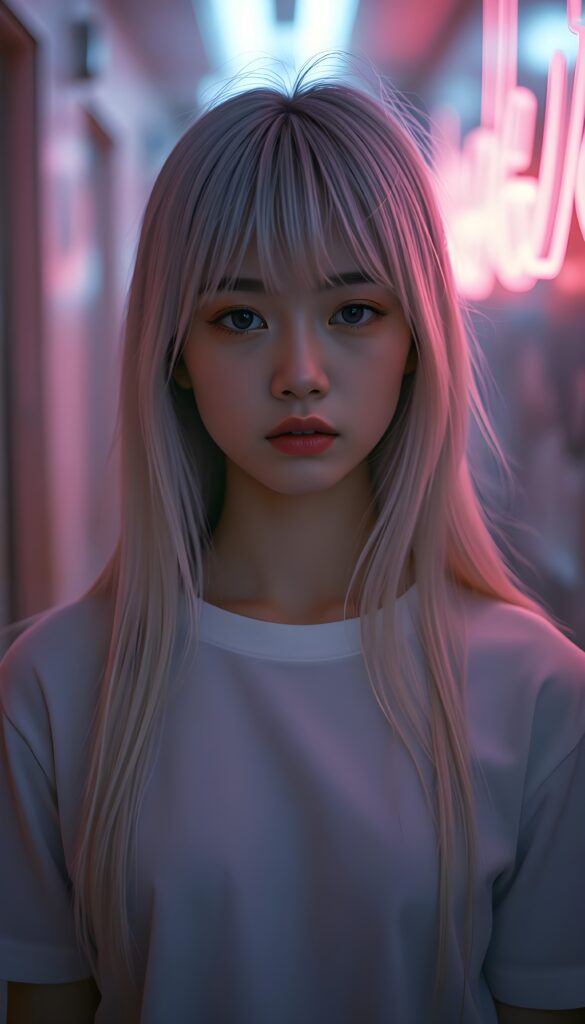 a petite girl with soft, long white jet straight hair, bangs and fair skin stands alone in front of the viewer. She wears a white plain t-shirt that casts a soft shadow over her eyes. The photo is illuminated by the soft glow of muted neon lights, casting long shadows. The scene is bathed in a dreamy, surreal ambiance with a focus on elegance and enchantment. Front view.
