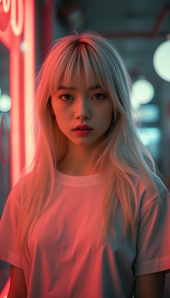 a petite girl with soft, long white jet straight hair, bangs and fair skin stands alone in front of the viewer. She wears a white plain t-shirt that casts a soft shadow over her eyes. The photo is illuminated by the soft glow of muted neon lights, casting long shadows. The scene is bathed in a dreamy, surreal ambiance with a focus on elegance and enchantment. Front view.