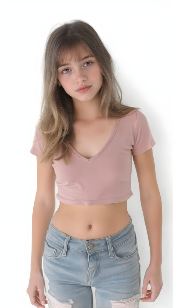 A (((full body view))) of a (((petite teen girl, stands in front of the viewer))), with a (((thin, yet shapely figure))), dressed in a ((short and cropped, tight, thin, V-neck cotton tee)) and ((tattered denim jeans pants)), her seductive gaze meets the viewer’s eye, exuding a sense of (extreme realism), long light brown straight hair falls over her entire body. Her focus on the viewer’s face captures the essence of a perfect female body, with intricate details that make her look truly breathtaking, against a (((pure white backdrop)))