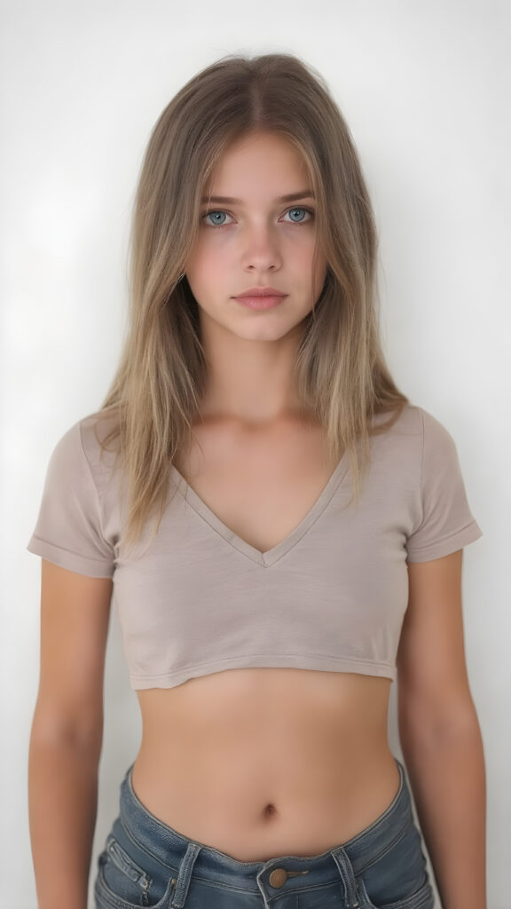 A (((full body view))) of a (((petite teen girl, stands in front of the viewer))), with a (((thin, yet shapely figure))), dressed in a ((short and cropped, tight, thin, V-neck cotton tee)) and ((tattered denim jeans pants)), her seductive gaze meets the viewer’s eye, exuding a sense of (extreme realism), long light brown straight hair falls over her entire body. Her focus on the viewer’s face captures the essence of a perfect female body, with intricate details that make her look truly breathtaking, against a (((pure white backdrop)))