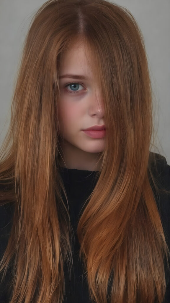 a photo booth pictures, a young cute teen girl with very long straight and shiny red soft hair, ((full plump red lips)), wears a ((black sweater made of wool)), looks seductively at the viewer, she has a perfect fit curved body, side view