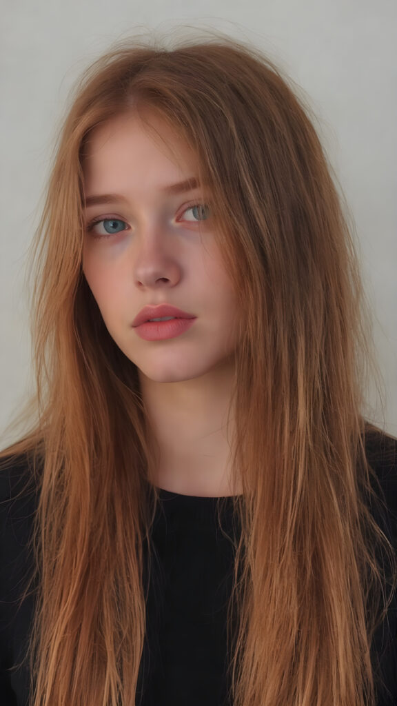 a photo booth pictures, a young cute teen girl with very long straight and shiny red soft hair, ((full plump red lips)), wears a ((black sweater made of wool)), looks seductively at the viewer, she has a perfect fit curved body, side view