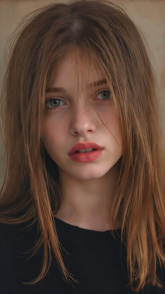 a photo booth pictures, a young cute teen girl with very long straight and shiny red soft hair, ((full plump red lips)), wears a ((black sweater made of wool)), looks seductively at the viewer, she has a perfect fit curved body, side view