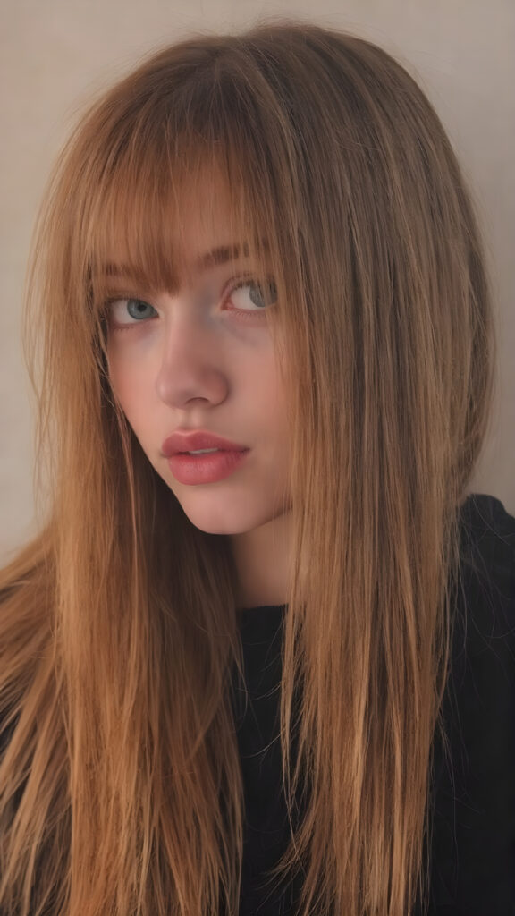 a photo booth pictures, a young cute teen girl with very long straight and shiny red soft hair, ((full plump red lips)), wears a ((black sweater made of wool)), looks seductively at the viewer, she has a perfect fit curved body, side view