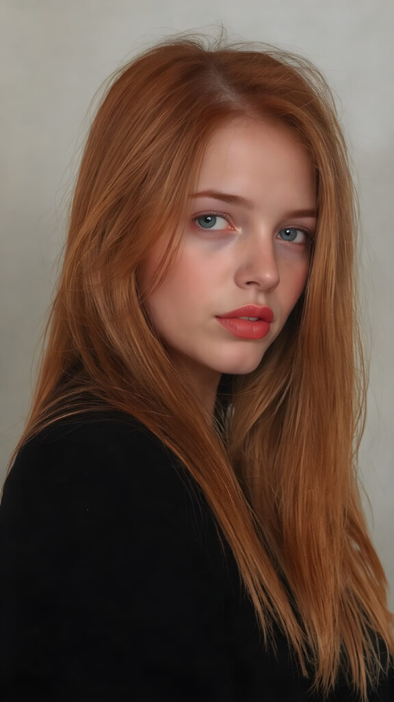 a photo booth pictures, a young cute teen girl with very long straight and shiny red soft hair, ((full plump red lips)), wears a ((black sweater made of wool)), looks seductively at the viewer, she has a perfect fit curved body, side view