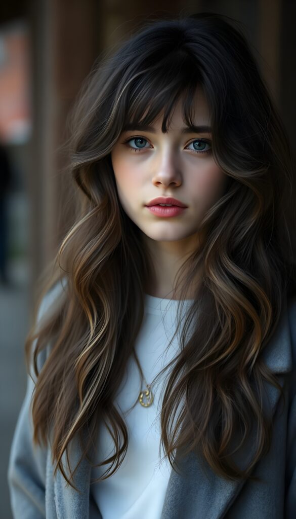 a photo from a young stunning Bohemian girl with long and wavy dark hair and white highlights, cute, grey coat underwear a white t-shirt made of wool, Style in 1970s, full kissable lips, mouth slightly open. Weak colors.