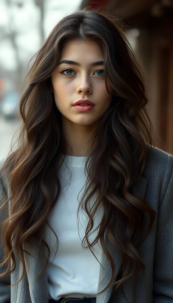 a photo from a young stunning Bohemian girl with long and wavy dark hair and white highlights, cute, grey coat underwear a white t-shirt made of wool, Style in 1970s, full kissable lips, mouth slightly open. Weak colors.