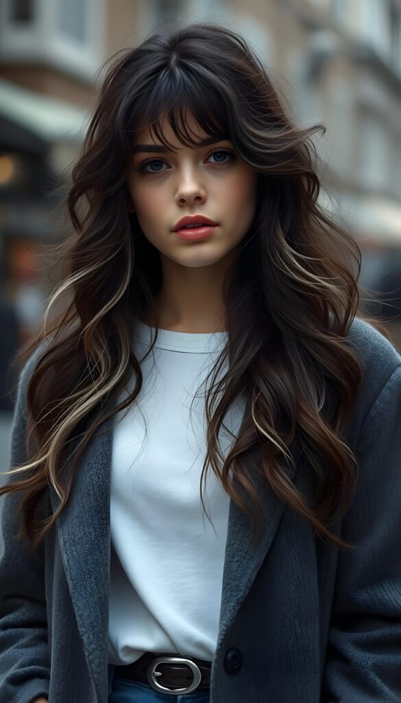 a photo from a young stunning Bohemian girl with long and wavy dark hair and white highlights, cute, grey coat underwear a white t-shirt made of wool, Style in 1970s, full kissable lips, mouth slightly open. Weak colors.