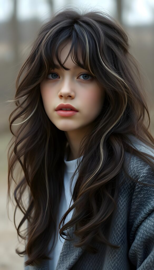 a photo from a young stunning Bohemian girl with long and wavy dark hair and white highlights, cute, grey coat underwear a white t-shirt made of wool, Style in 1970s, full kissable lips, mouth slightly open. Weak colors.