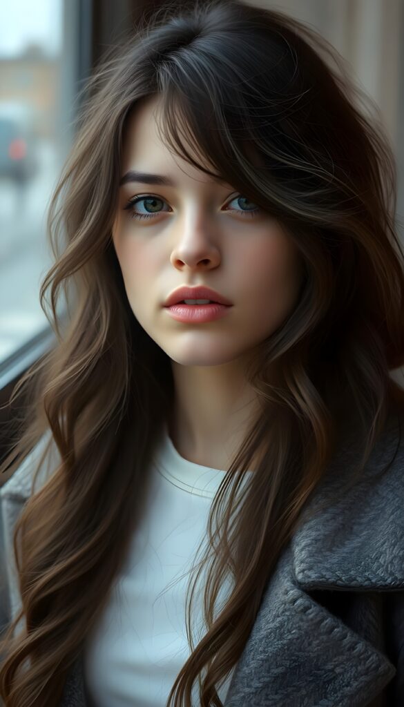 a photo from a young stunning Bohemian girl with long and wavy dark hair and white highlights, cute, grey coat underwear a white t-shirt made of wool, Style in 1970s, full kissable lips, mouth slightly open. Weak colors.