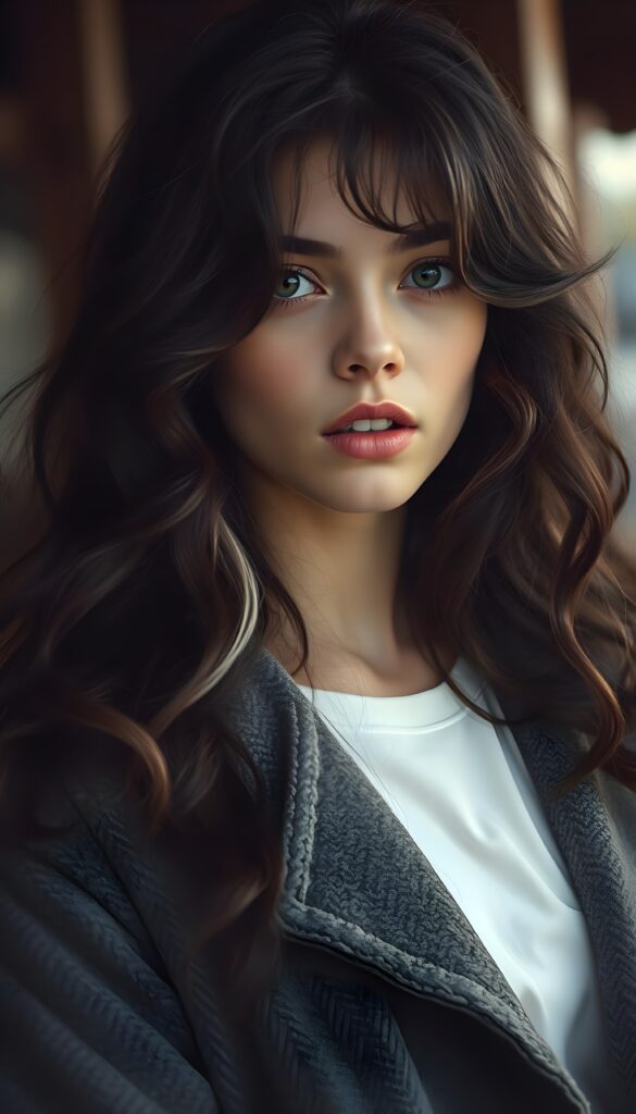 a photo from a young stunning Bohemian girl with long and wavy dark hair and white highlights, cute, grey coat underwear a white t-shirt made of wool, Style in 1970s, full kissable lips, mouth slightly open. Weak colors.