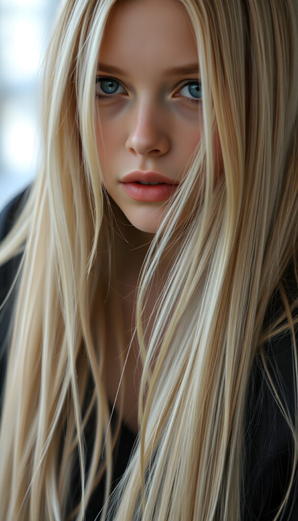 a photo from a realistic detailed blonde girl, long straight hair