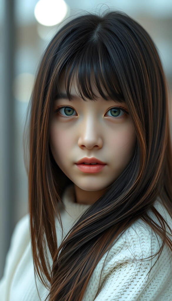 a photo of a realistic, detailed Asian girl with straight brown and obsidian black soft hair left an right the same length, bangs cut frame her round face, green eyes, full lips, cute, stunning, gorgeous, white fine sweater, calming background