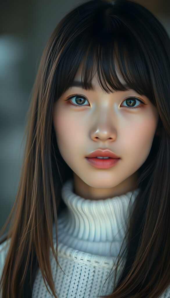 a photo of a realistic, detailed Asian girl with straight brown and obsidian black soft hair left an right the same length, bangs cut frame her round face, green eyes, full lips, cute, stunning, gorgeous, white fine sweater, calming background