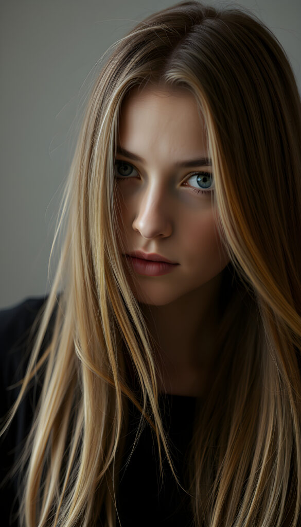 a photo of a realistic, detailed brown blonde girl with long, straight hair left an right the same length