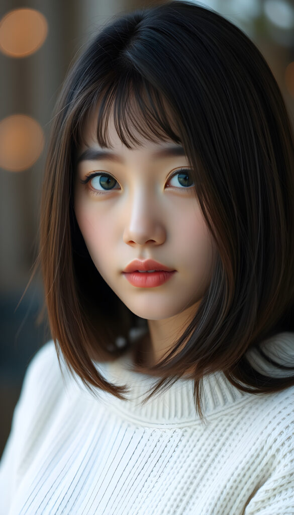 a photo of a realistic, detailed Asian girl with straight brown and obsidian black soft hair left an right the same length, bangs cut frame her round face, green eyes, full lips, cute, stunning, gorgeous, white fine sweater, calming background