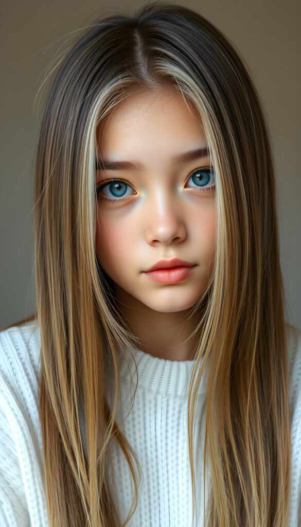 a photo of a realistic, detailed girl with long, straight brown white hair left an right the same length, cute, stunning, gorgeous, white fine sweater