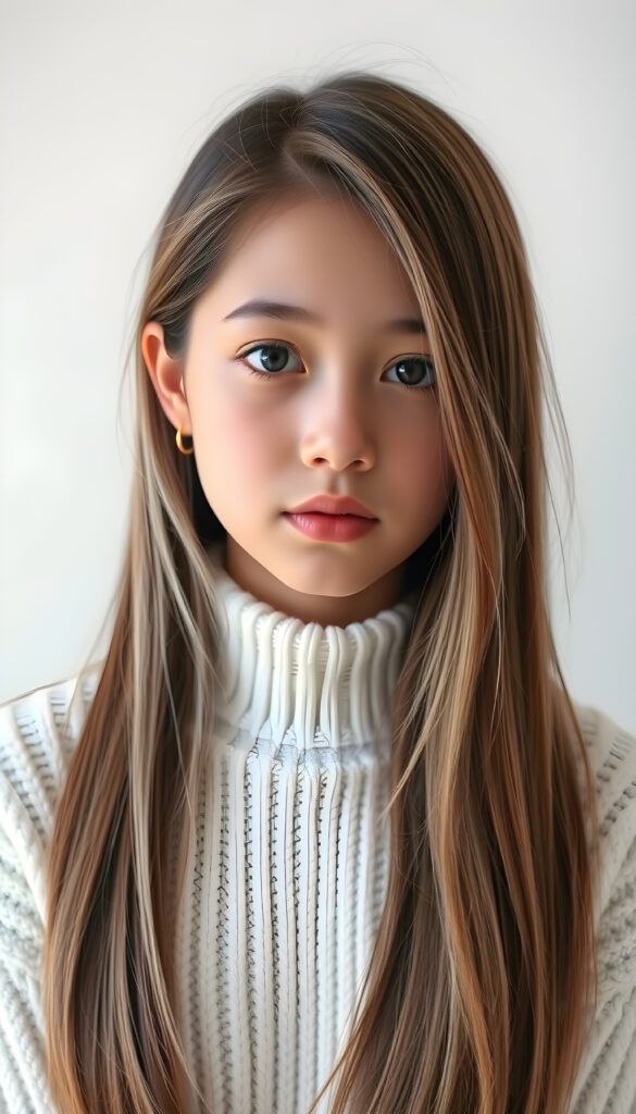 a photo of a realistic, detailed girl with long, straight brown white hair left an right the same length, cute, stunning, gorgeous, white fine sweater