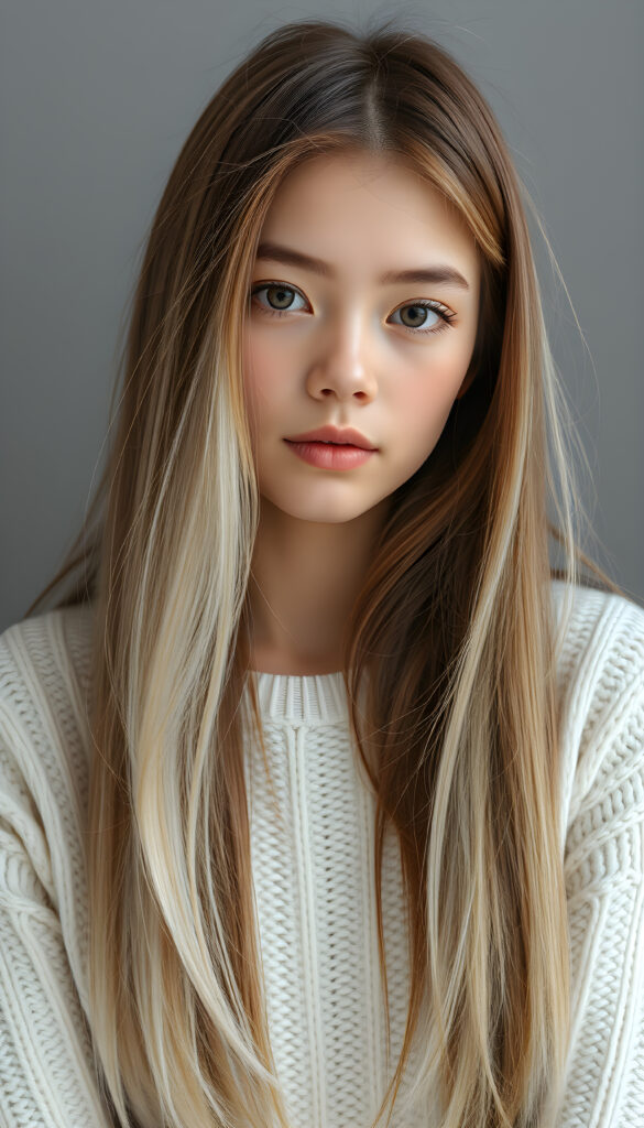 a photo of a realistic, detailed girl with long, straight brown white hair left an right the same length, cute, stunning, gorgeous, white fine sweater