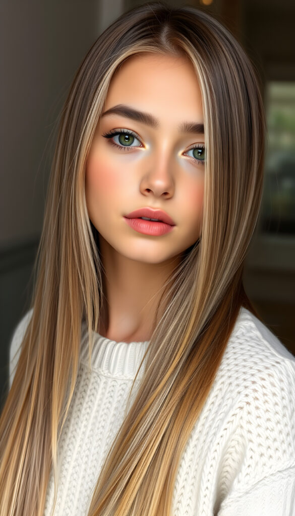 a photo of a realistic, detailed girl with long, straight brown white hair left an right the same length, cute, stunning, gorgeous, white fine sweater