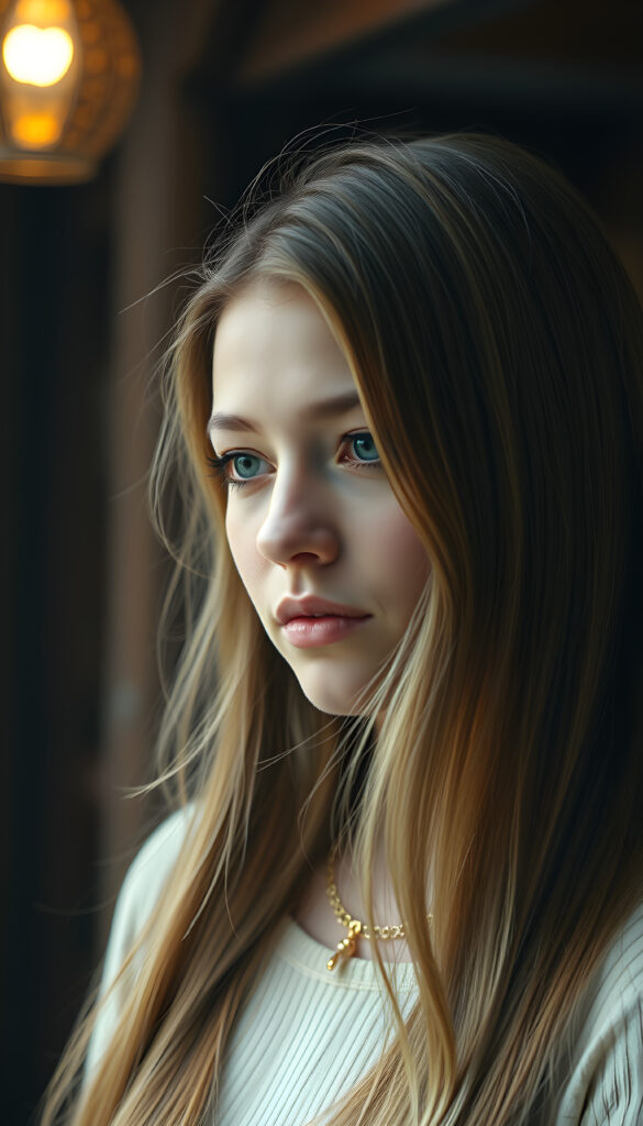 a photo of a realistic, detailed brown blonde girl with long, straight hair left an right the same length