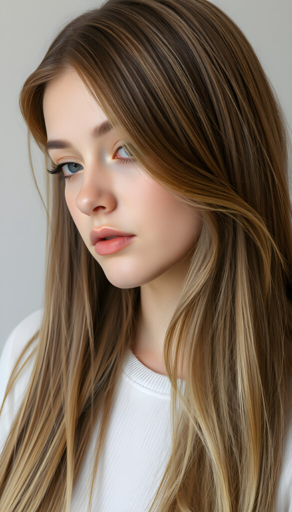 a photo of a realistic, detailed brown blonde girl with long, straight hair left an right the same length