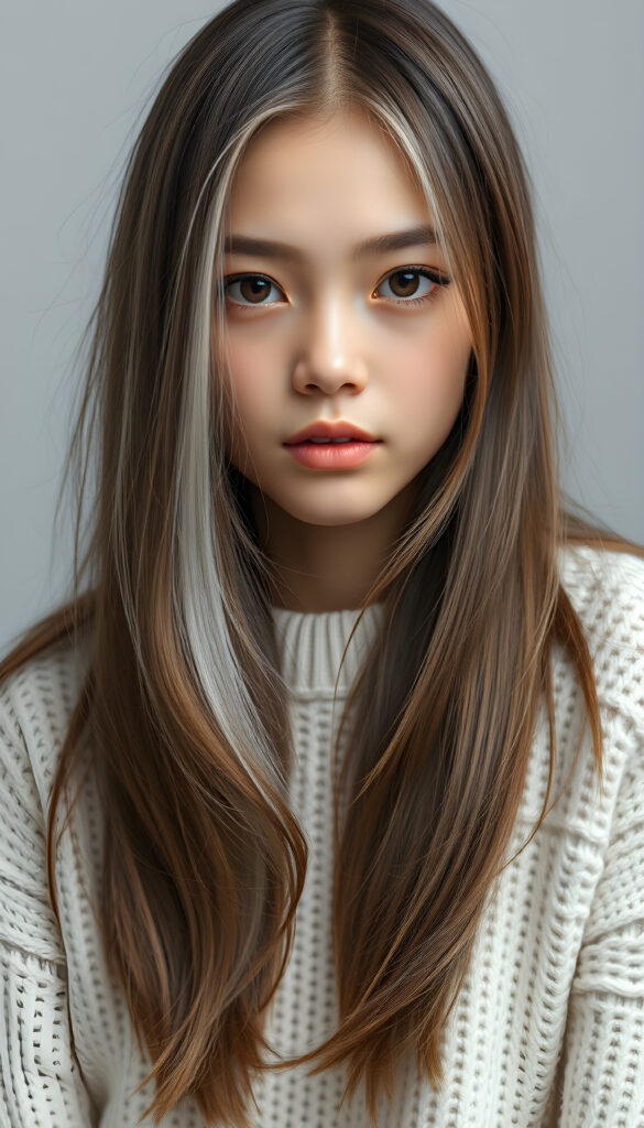 a photo of a realistic, detailed girl with long, straight brown white hair left an right the same length, cute, stunning, gorgeous, white fine sweater