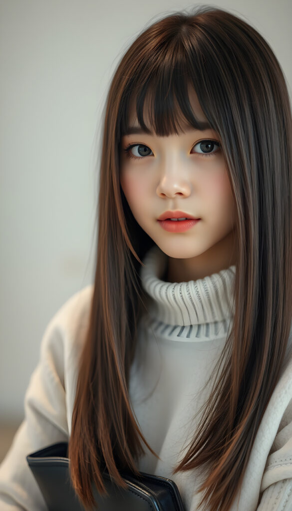 a photo of a realistic, detailed Asian girl with straight brown and obsidian black soft hair left an right the same length, bangs cut frame her round face, green eyes, full lips, cute, stunning, gorgeous, white fine sweater, calming background